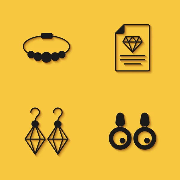 Set Bracelet Jewelry Earrings Certificate Diamond Icon Long Shadow Vector — Διανυσματικό Αρχείο