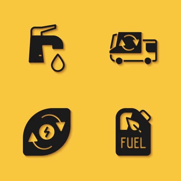 Set Water Tap Bio Fuel Canister Energy Garbage Truck Icon — Vetor de Stock