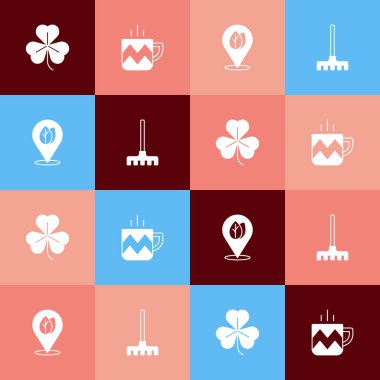 Pop Art Clover çay bardağını yaprak ve bahçe tırmığı ikonu ile ayarla. Vektör.