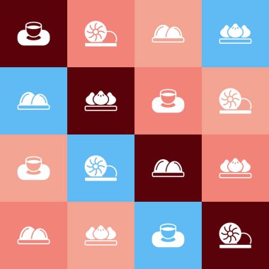 Pop sanatını Xiao long bao sushi ve Dumpling ikonuna koy. Vektör.