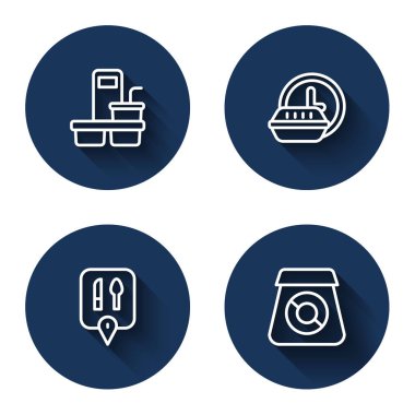 Kahve fincanını 24 saat servis, kafe, restoran ve internetten uzun gölgeli yemek siparişi verecek şekilde ayarla. Mavi daire düğmesi. Vektör.