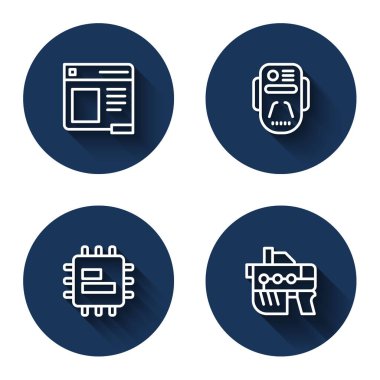 Çizgiyi Tarayıcı penceresine ayarla Yapay Zeka robot işlemci işlemcisi ve uzun gölgeli fütürist silah. Mavi daire düğmesi. Vektör.