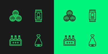 Hattı ayarla Tavuk budu bira şişesi paketi tahta fıçı ve bira kutusu ikonu. Vektör.