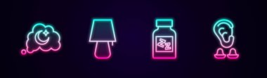 Rüya Masası lambası, uyku hapı, kulak tıkacı ve kulak ayarlayın. Parlayan neon ikonu. Vektör.