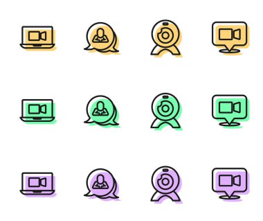 Web kamera görüntülü sohbet konferansı, konuşma balonu ve simgesi ayarlayın. Vektör.