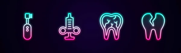 Set Line Electric Toothbrush Syringe Broken Glowing Neon Icon Vector — 스톡 벡터