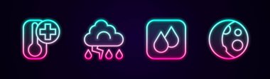 Hat termometre bulutu, yıldırım suyu damlası ve ay evrelerini ayarlayın. Parlayan neon ikonu. Vektör.