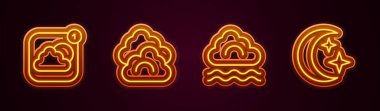 Hava tahminleri uygulaması, Bulut Bulutu, Bulut ve Ay yıldızları. Parlayan neon ikonu. Vektör.