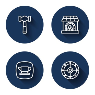 Çekiç demirci fırını örs aletini ve uzun gölgeli yuvarlak kalkanı ayarla. Mavi daire düğmesi. Vektör.