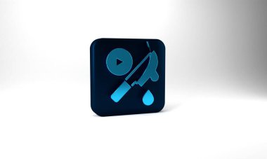 Blue Thriller movie icon isolated on grey background. Bloody knife. Suspenseful cinema genre, survival horror. Shocking films with gore and violence. Blue square button. 3d illustration 3D render.