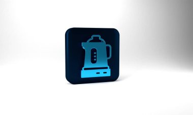 Blue Electric kettle icon isolated on grey background. Teapot icon. Blue square button. 3d illustration 3D render.
