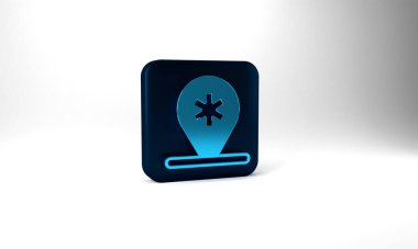 Blue Medical map pointer with cross hospital icon isolated on grey background. Blue square button. 3d illustration 3D render.