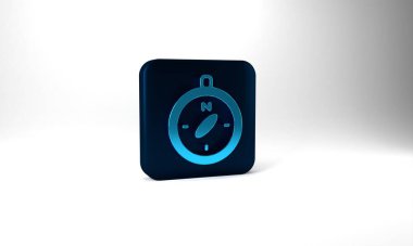 Blue Compass icon isolated on grey background. Windrose navigation symbol. Wind rose sign. Blue square button. 3d illustration 3D render.