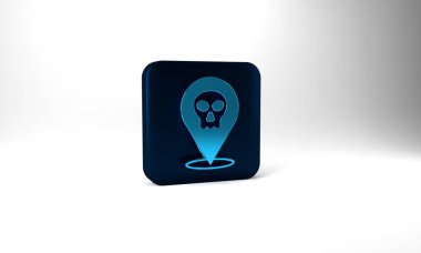 Blue Skull icon isolated on grey background. Happy Halloween party. Blue square button. 3d illustration 3D render.