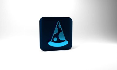 Blue Slice of pizza icon isolated on grey background. Fast food menu. Blue square button. 3d illustration 3D render.