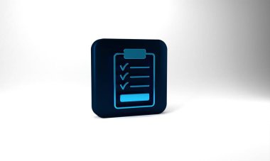 Blue Clipboard with checklist icon isolated on grey background. Control list symbol. Survey poll or questionnaire feedback form. Blue square button. 3d illustration 3D render.