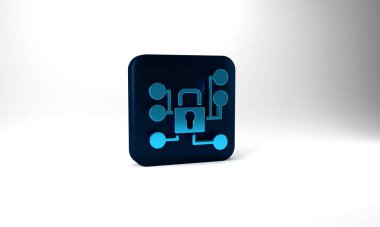Blue Cyber security icon isolated on grey background. Closed padlock on digital circuit board. Safety concept. Digital data protection. Blue square button. 3d illustration 3D render.