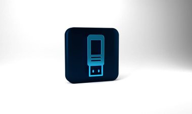 Blue USB flash drive icon isolated on grey background. Blue square button. 3d illustration 3D render.