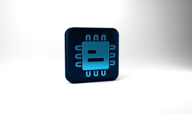 Blue Computer processor with microcircuits CPU icon isolated on grey background. Chip or cpu with circuit board. Micro processor. Blue square button. 3d illustration 3D render.