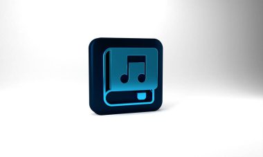 Blue Audio book icon isolated on grey background. Musical note with book. Audio guide sign. Online learning concept. Blue square button. 3d illustration 3D render.
