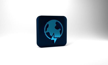 Blue Global energy power planet with flash thunderbolt icon isolated on grey background. Ecology concept and environmental. Blue square button. 3d illustration 3D render.