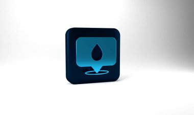 Blue Water drop with location icon isolated on grey background. Blue square button. 3d illustration 3D render.