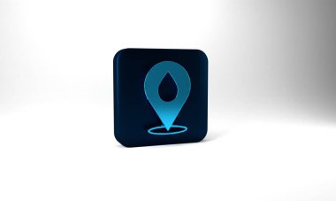 Blue Water drop with location icon isolated on grey background. Blue square button. 3d illustration 3D render.