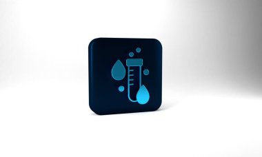 Blue Test tube with water drop icon isolated on grey background. Blue square button. 3d illustration 3D render.