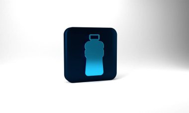 Blue Bottle of water icon isolated on grey background. Soda aqua drink sign. Blue square button. 3d illustration 3D render.