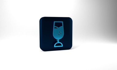 Blue Wine glass icon isolated on grey background. Wineglass sign. Blue square button. 3d illustration 3D render.