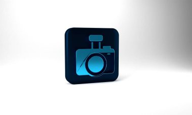 Blue Photo camera icon isolated on grey background. Foto camera. Digital photography. Blue square button. 3d illustration 3D render.