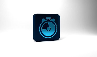 Blue Stopwatch icon isolated on grey background. Time timer sign. Chronometer sign. Blue square button. 3d illustration 3D render.