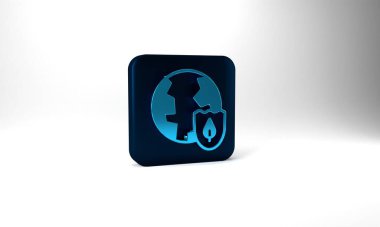 Blue Earth with shield icon isolated on grey background. Insurance concept. Security, safety, protection, privacy concept. Blue square button. 3d illustration 3D render.