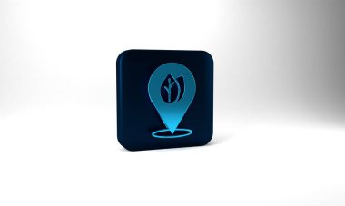 Blue Location pin with leaf inside icon isolated on grey background. Leaves sign. Fresh natural product symbol. Blue square button. 3d illustration 3D render.