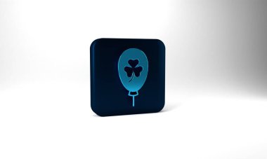 Blue Balloon with clover trefoil leaf icon isolated on grey background. Happy Saint Patricks day. National Irish holiday. Blue square button. 3d illustration 3D render.