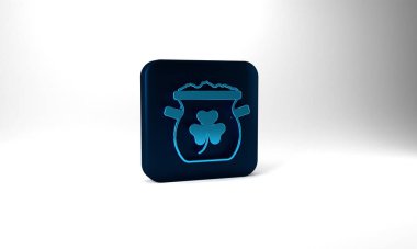 Blue Pot of gold coins icon isolated on grey background. Happy Saint Patricks day. National Irish holiday. Blue square button. 3d illustration 3D render.