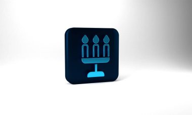 Blue Candelabrum with three candlesticks icon isolated on grey background. Blue square button. 3d illustration 3D render.
