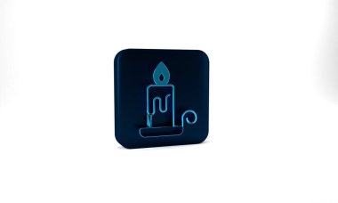 Blue Burning candle in candlestick icon isolated on grey background. Cylindrical candle stick with burning flame. Blue square button. 3d illustration 3D render.