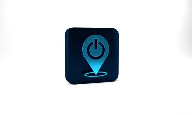 Blue Power button icon isolated on grey background. Start sign. Blue square button. 3d illustration 3D render.