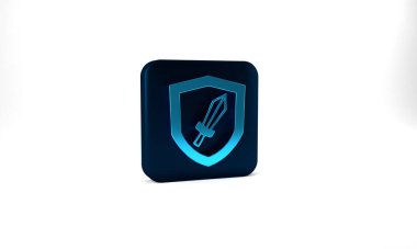 Blue Sword for game icon isolated on grey background. Blue square button. 3d illustration 3D render.
