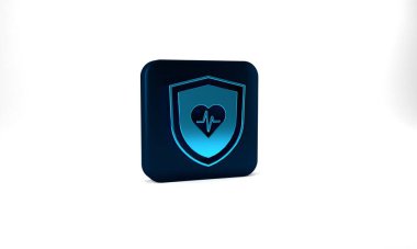 Blue Life insurance with shield icon isolated on grey background. Security, safety, protection, protect concept. Blue square button. 3d illustration 3D render.