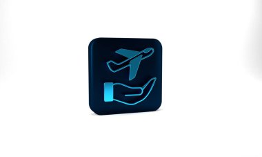 Blue Plane in hand icon isolated on grey background. Flying airplane. Airliner insurance. Security, safety, protection, protect concept. Blue square button. 3d illustration 3D render.