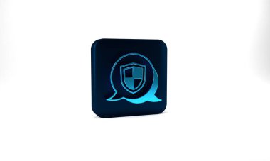 Blue Shield icon isolated on grey background. Insurance concept. Guard sign. Security, safety, protection, privacy concept. Blue square button. 3d illustration 3D render.