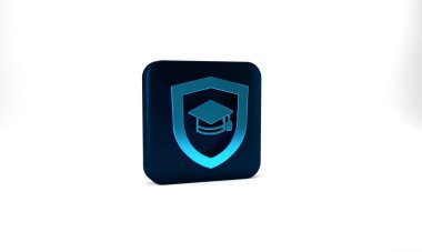 Blue Graduation cap with shield icon isolated on grey background. Insurance concept. Security, safety, protection, protect concept. Blue square button. 3d illustration 3D render.