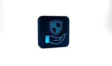 Blue Shield in hand icon isolated on grey background. Insurance concept. Guard sign. Security, safety, protection, privacy concept. Blue square button. 3d illustration 3D render.