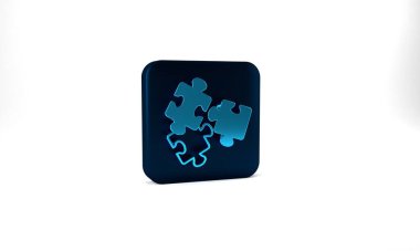 Blue Puzzle pieces toy icon isolated on grey background. Blue square button. 3d illustration 3D render.