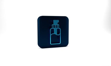 Blue Bottle of liquid antibacterial soap with dispenser icon isolated on grey background. Disinfection, hygiene, skin care concept. Blue square button. 3d illustration 3D render.