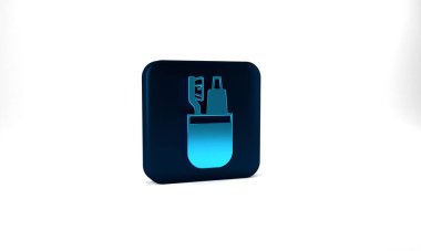Blue Toothbrush and tube of toothpaste icon isolated on grey background. Disposable bathroom supplies. Blue square button. 3d illustration 3D render.