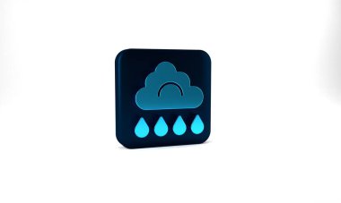 Blue Cloud with rain icon isolated on grey background. Rain cloud precipitation with rain drops. Blue square button. 3d illustration 3D render.