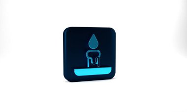 Blue Burning candle in candlestick icon isolated on grey background. Cylindrical candle stick with burning flame. Blue square button. 3d illustration 3D render.